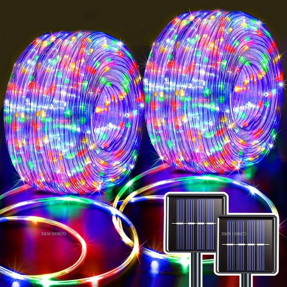Solar Rope Lights, 2 Pack  IP65 Waterproof Solar Outdoor Lights, Solar Powered Fairy Lights with 8 Lighting Modes for Party Garden Yard Home Holiday Tree Decoration