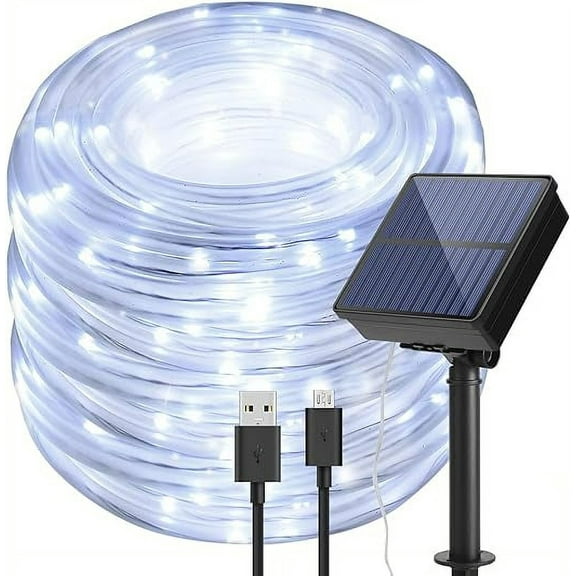 Solar Rope Lights 200LED,8 Modes Flashing 2400mah High Capacity Battery Copper Waterproof White Color