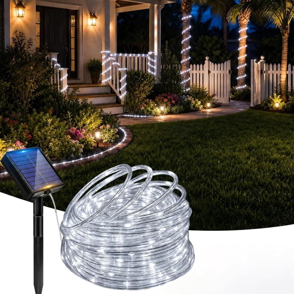 Solar Rope Lights, 33FT 100 LED Fairy Lights with 8 Lighting Modes, IP65 Waterproof Strip Light Outdoor for Garden Yard Patio Deck Fence Tree Party Holiday Decoration, Cold White