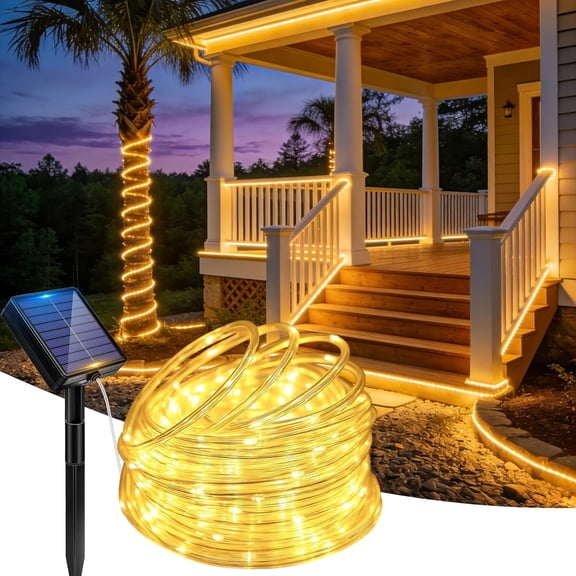 Solar Rope Lights, 33FT 100 LED Fairy Lights with 8 Lighting Modes, IP65 Waterproof Strip Light Outdoor for Garden Yard Patio Deck Fence Tree Party Holiday Decoration, Warm White
