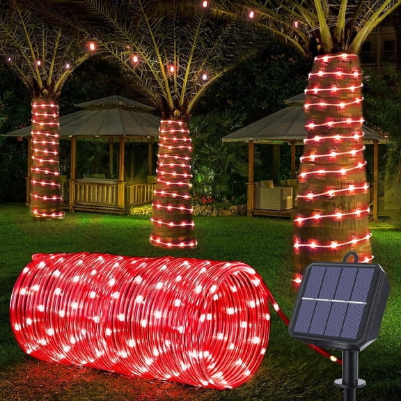 Solar Rope Lights, 33ft 100LED Solar String Lights, 8 Modes Waterproof Solar Powered Outdoor Light, Flexible Clear Tube Light for Garden, Backyard, Patio, Deck, Porch, Pool,Tree Decoration- Red