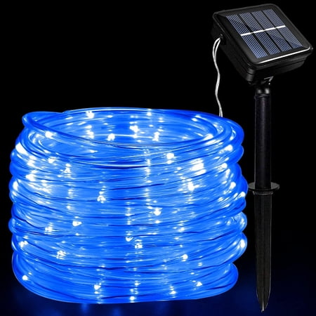 Solar Rope Lights Outdoor ,39ft 100 LED Rope Lights Waterproof , Clear PVC Tube Blue Fairy String Lights for Deck Pool Yard Tree Fence Garden Porch RV Party Balcony Camping