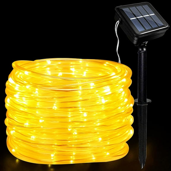 Solar Rope Lights Outdoor ,39ft 100 LED Rope Lights Waterproof , Clear PVC Tube Warm White Fairy String Lights for Deck Pool Yard Tree Fence Garden Porch RV Party Balcony Camping