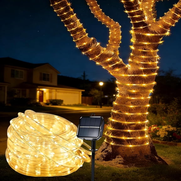 Solar Rope Lights for outside, 66ft 200 LED string with 8 Modes, Waterproof Outdoor Light Patio Garden Party Tree Porch Pool Fence Holiday Xmas Decor-Warm White