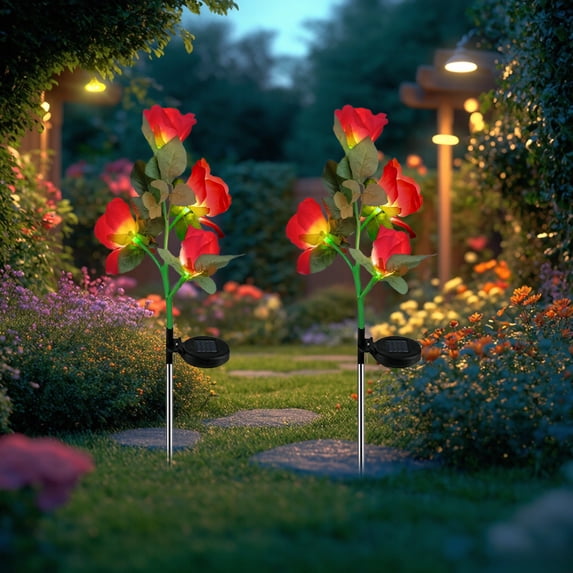 Solar Rose Flower Garden Stake Lights 2 Pack, Waterproof LED Outdoor Decor Lights, Realistic Simulation Rose Lamp for Patio Yard Lawn Pathway Walkway