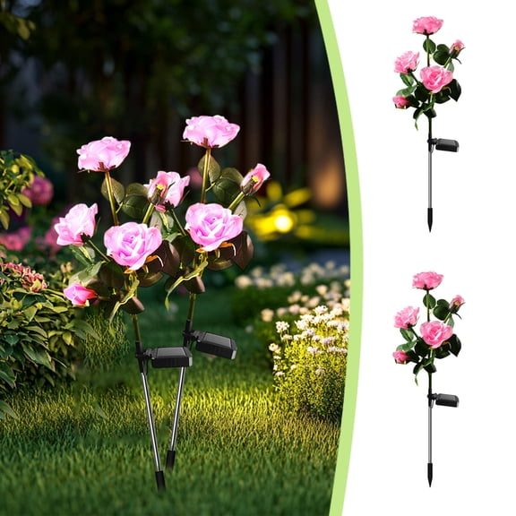 Solar Rose Flower Light Set, 2 Pack 5 Head Bloom Ground Stake Lamp for Garden Patio Lawn Decor, Solar Rose Flower Light Set Waterproof Automatic Dusk to Dawn Illumination, Colorful Outdoor Lighting