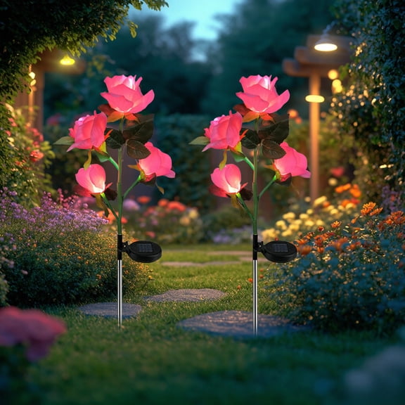 Solar Rose Garden Lights | 2-Pack Waterproof Outdoor Decor | Realistic Rose Design with Solar Panel & LED | 29.5" Tall for Patio, Walkway & Yard Decoration