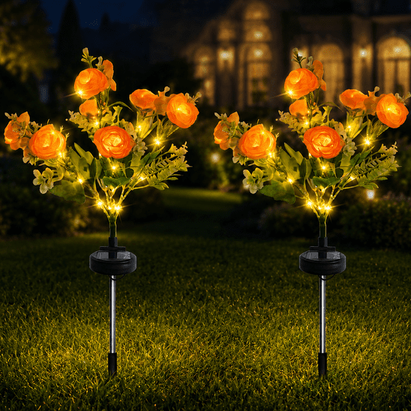 Rirool Solar Peony Flower Lights Outdoor 2 Pack, Orange Warm White LED Garden Lights Waterproof Auto On/Off Solar Decorative Lights for Yard Lawn Patio Pathway
