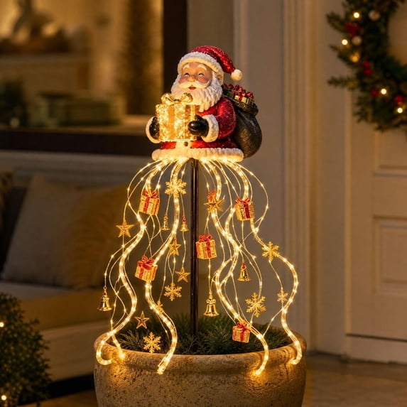 Solar Santa Claus Garden Light, Santa Magic Fountain Stake Light, Flowing Snowflake LED Pathway Lamp with Cascading Stars for Xmas Yard Decor