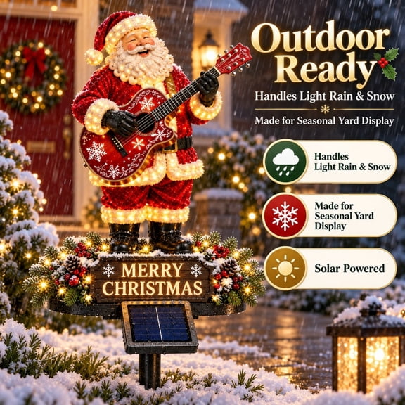 Solar Santa Guitar Christmas Garden Stake Light, Lighted Musician Santa Yard Decoration with Merry Christmas Sign for Lawn, Pathway, Patio and Front Yard, 19.69 Inch