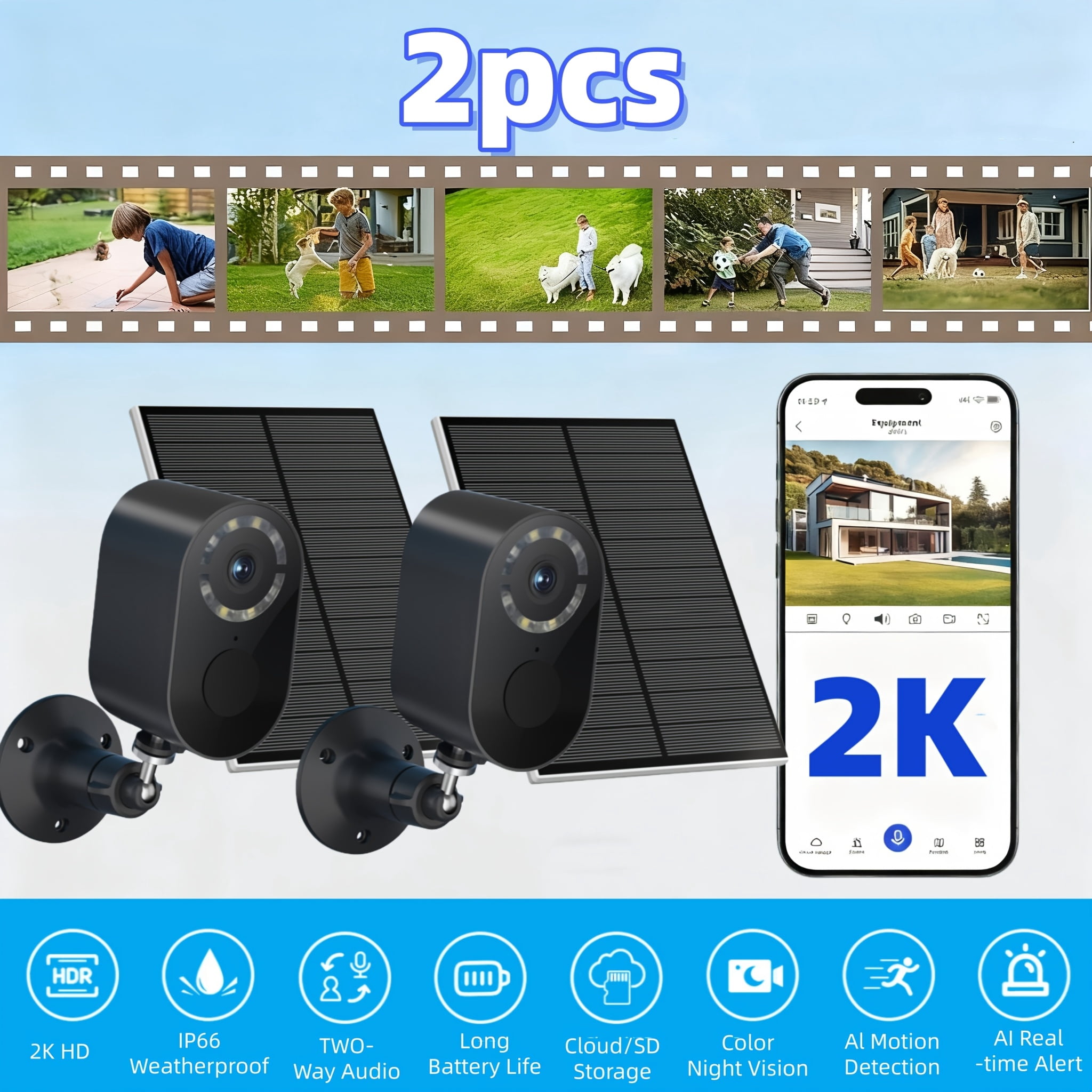 Solar Security Camera 2K Outdoor/Indoor, Waterproof, Low Power, 2.4G WiFi, Two-Way Audio, Human Detection, Color Night Vision, Pet/Baby Monitor