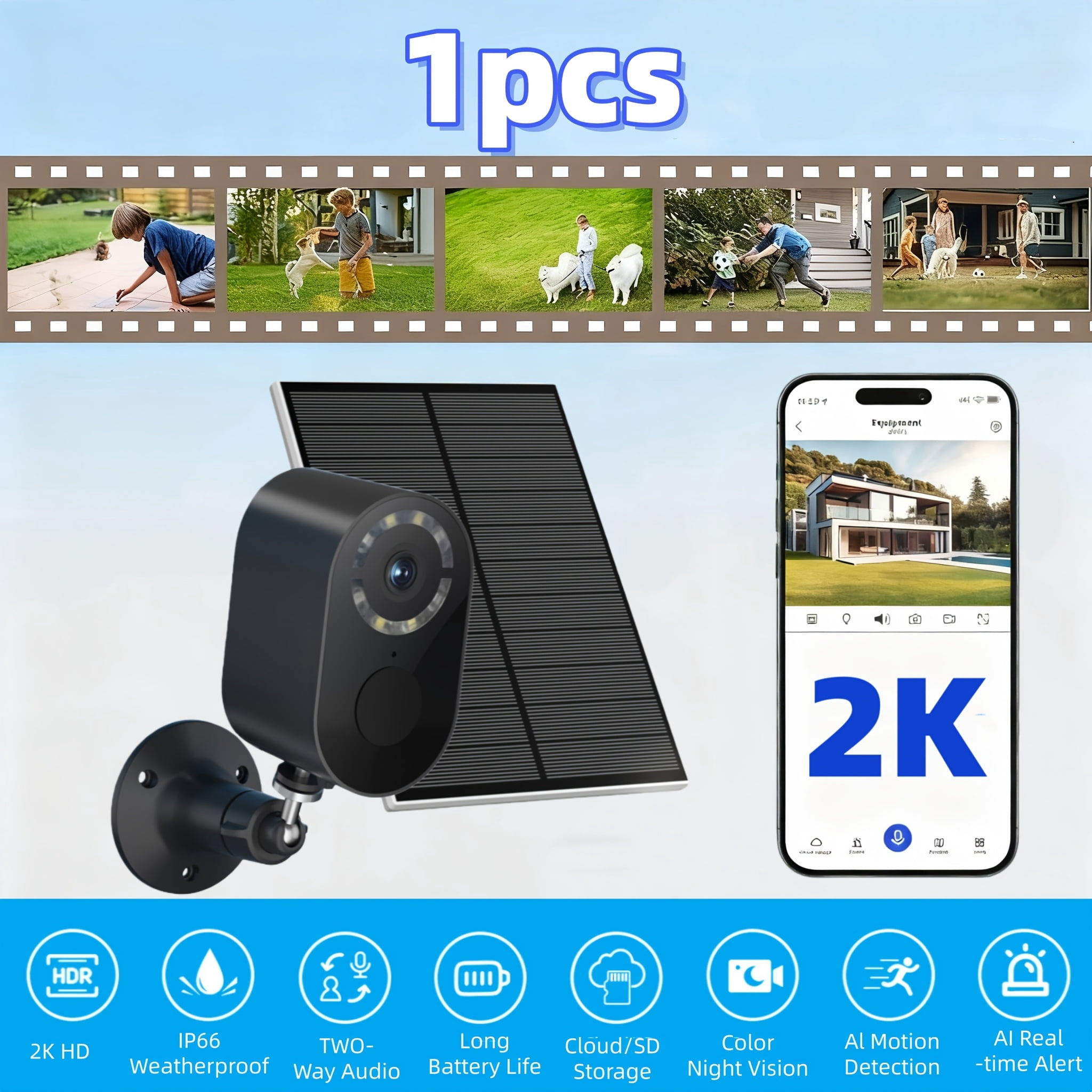 Solar Security Camera 2K Outdoor/Indoor, Waterproof, Low Power, 2.4G WiFi, Two-Way Audio, Human Detection, Color Night Vision, Pet/Baby Monitor