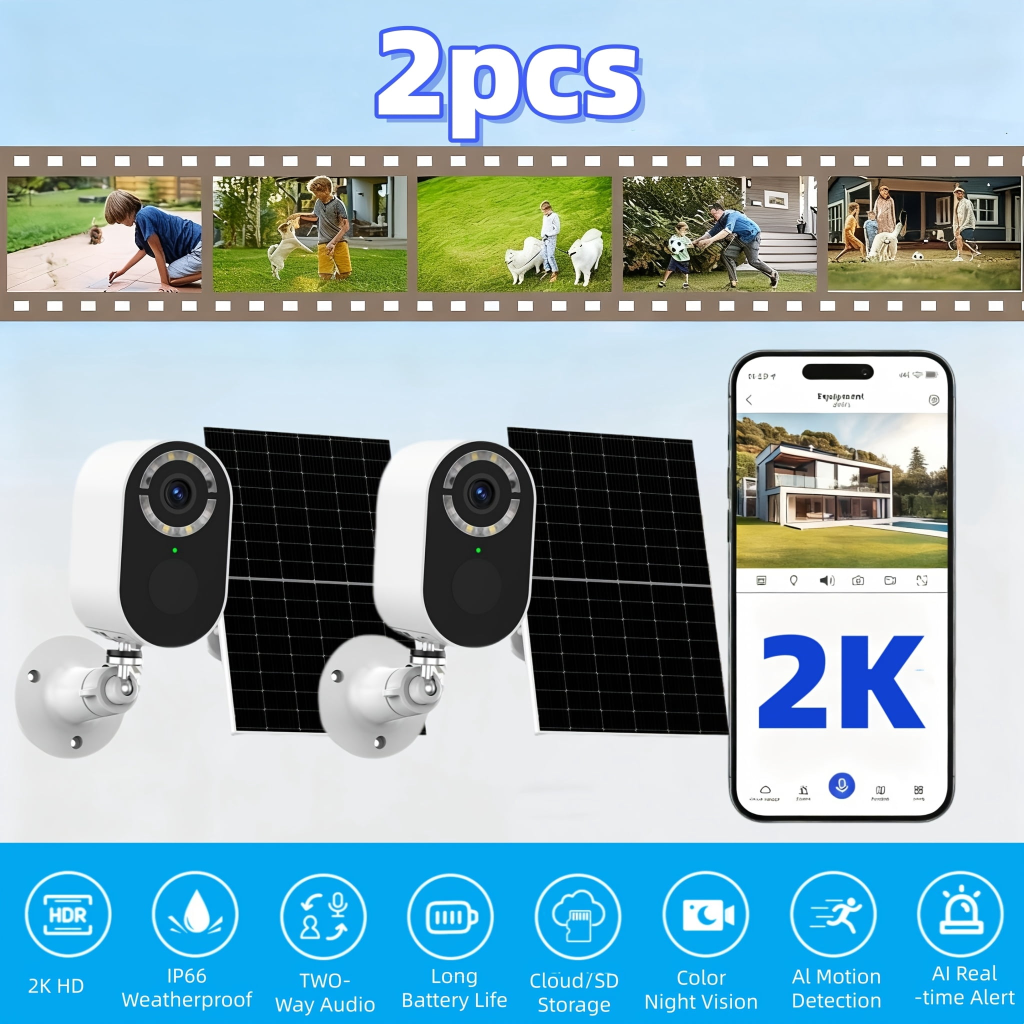 Solar Security Camera 2K Outdoor/Indoor, Waterproof, Low Power, 2.4G WiFi, Two-Way Audio, Human Detection, Color Night Vision, Pet/Baby Monitor