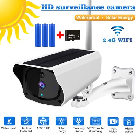 Solar Security Camera,DFITO Wi-Fi 1080P HD Home Security Surveillance Audio,2K Night Vision,2-Way Audio,Human Motion Detection,IP66 Waterproof(with 3 Batteries and 32GB Card )