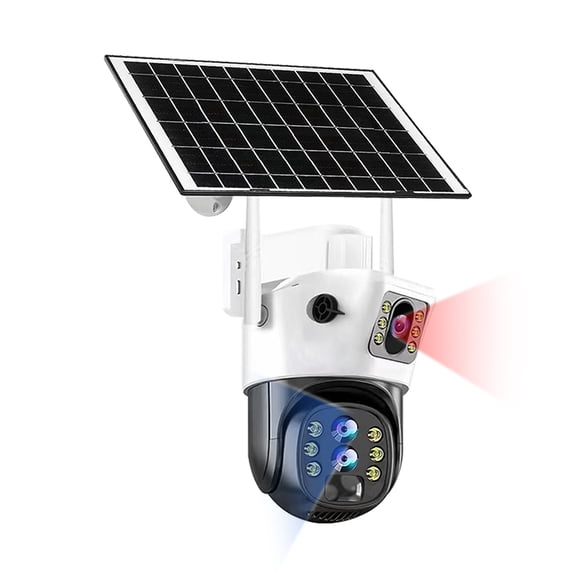 Solar Security Camera, Dual Lens 2-Screens PTZ Camera, Humanoid Detection, Red Blue Alarm, Manual Adjustment, Outdoor Surveillance