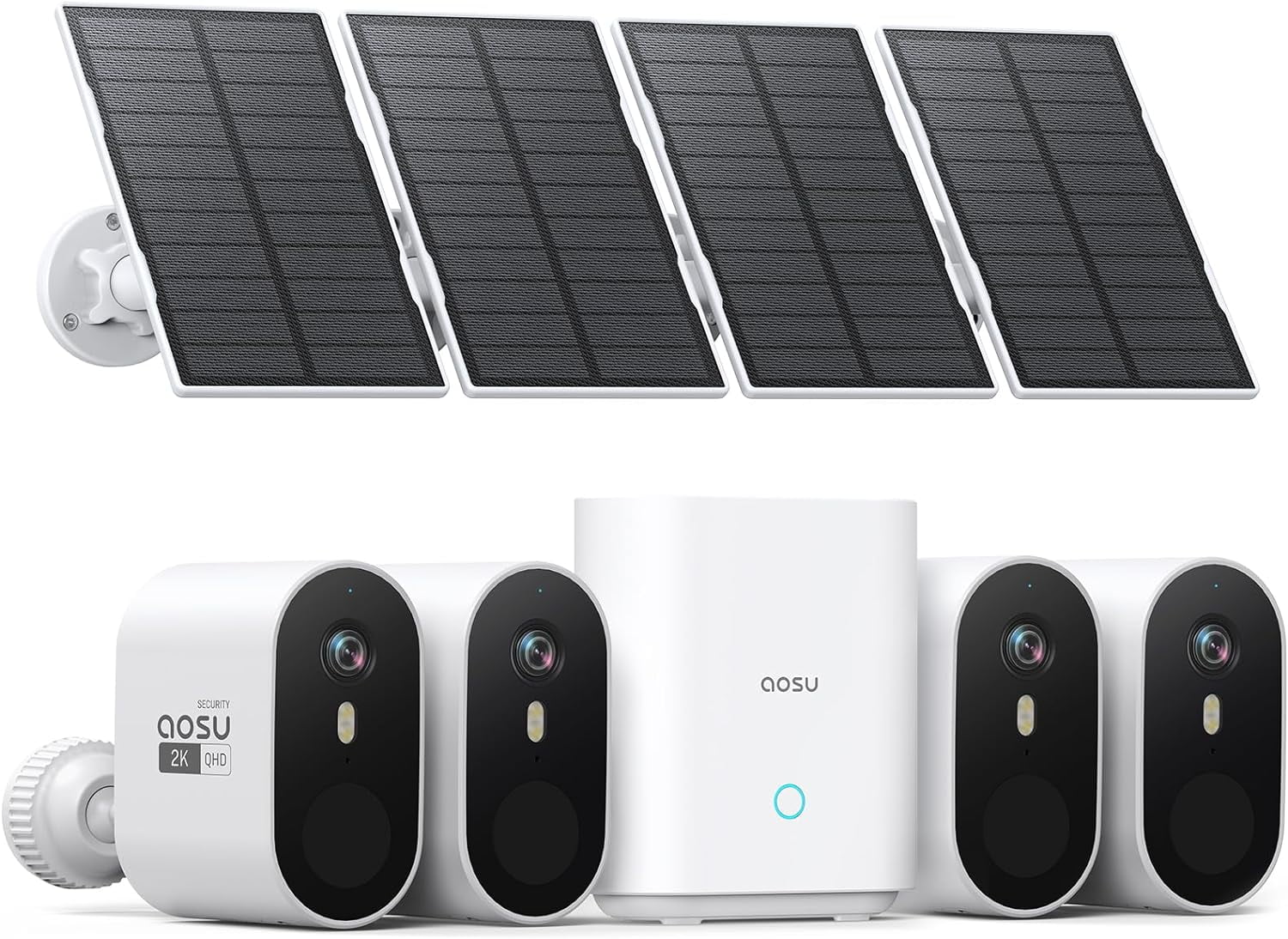AOSU Solar Wireless Outdoor Security Cameras, 2K/3MP Home Security System, 4 Camera Kit with 166° Ultra-Wide View, Solar Powered, Spotlight, Night Vision, No Monthly Fee, 32G Local Storage