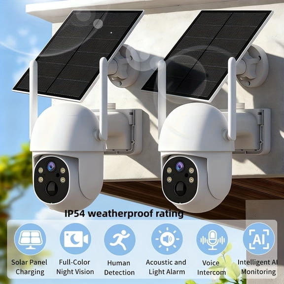Solar Security Cameras Wireless Outdoor, 2MP HD Color Night Vision, AI Detection, Pan/Tilt, Solar Powered, App Control, Alarm, Weatherproof, 2 Pack