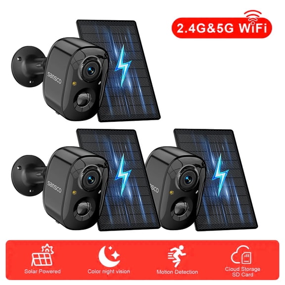 Solar Security Cameras Wireless Outdoor 3 Pack, Battery Powered 2.4Ghz&5Ghz Wi-Fi Camera With AI Human Detection, Instant Alert, Light & Siren, Color Night Vision, 2-Way Talk, Works with Alexa