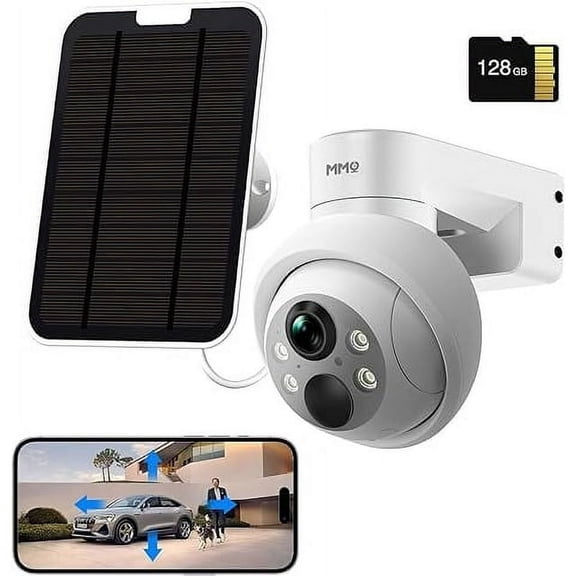 Solar Security Cameras Wireless Outdoor, 4MP PTZ Powered Security Cameras for Home, Security Camera Outside with PIR Motion Detection, Color Night Vision, MMQ, with 128GB Card