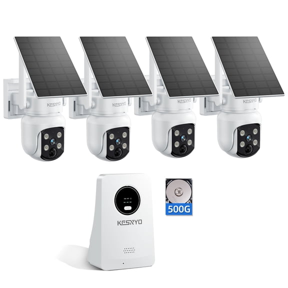 Solar Security Cameras Wireless Outdoor, 4MP Solar Powered Home Security Cameras System, 4 Cam kit, Color Night Vision, 360 PTZ, 500G HDD Local Recording, No Monthly Fees