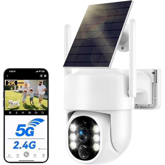 Solar Security Cameras Wireless Outdoor, 2K 2.4G/5G Solar Camera Outdoor Wireless, Battery Powered Wire-Free WiFi Cameras for Home Security, 360° PTZ, AI Human Detection, Color Night Vision