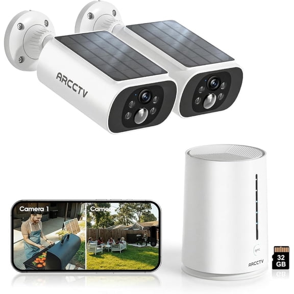 Solar Security Cameras Wireless Outdoor, No Monthly Fee, 2-Camera Bullet Home Security System with Base Station, 2K Video, Local Storage, Color Night Vision, Active Siren