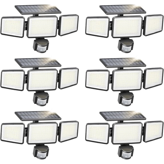 Solar Security Light Outdoor 302 LED 1200lmSolar-Powered Waterproof Wall-Mounted Flood Light w/PIR Motion Sensor, 3 Heads, IP65 Waterproof, 3 Modes 6 Packs