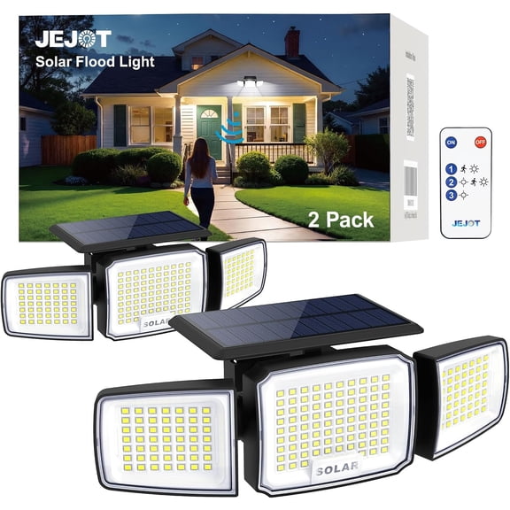 Solar Security Light Outdoor,Solar Flood with Active Motion Sensor,3 Heads 270 Wide Angle,Remote Control,IP65 Waterproof, 3 Modes (2 Packs)