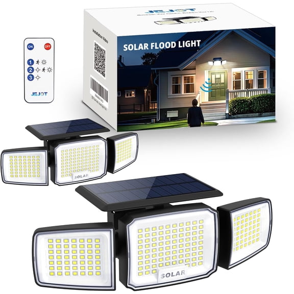 Solar Security Light Outdoor Super Bright LED, Motion Sensor Flood Light, 3 Heads 270 Wide Angle, Remote Control,IP65 Waterproof, Modes (2 Packs)