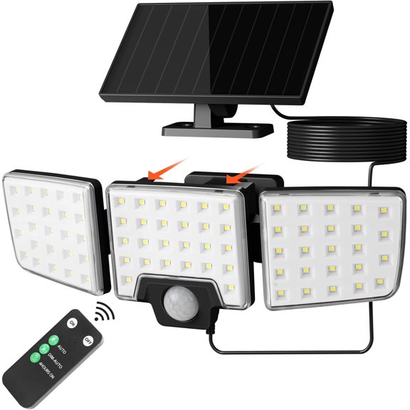 Solar Security Lights Outdoor Motion Sensor, 2 in 1 Separated and Integrated Remote Control IP65 Waterproof Solar Lights with 2 Light Modes, 3 Heads Floodlight for Garden Yard Garage