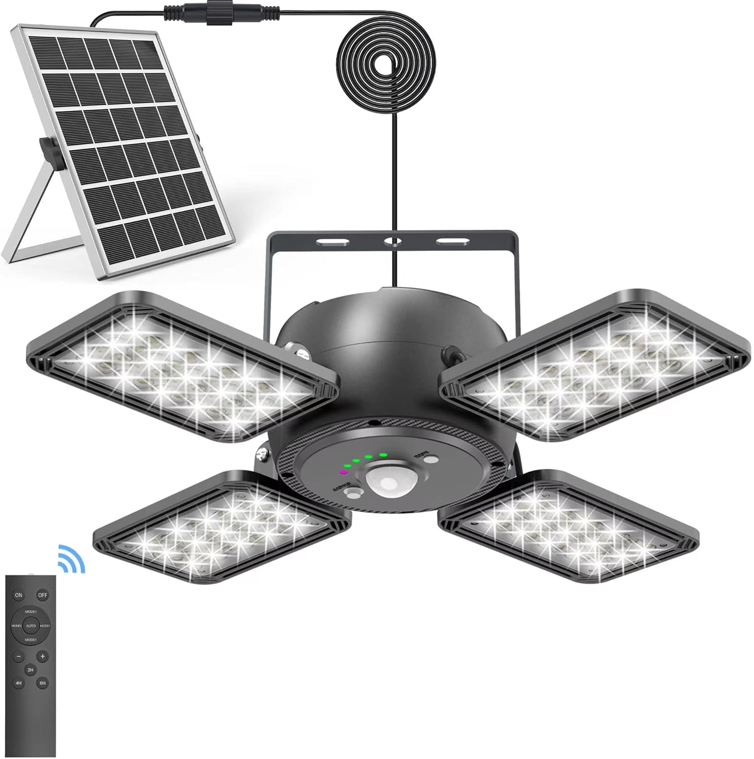 Solar Shed Light Indoor Outdoor 1200LM 144LED Pendant Light, Motion Sensor with Upgrade 5 Lighting Modes & Remote Control 4-Leaf 120Adjustable Lights for Home Yard Garage