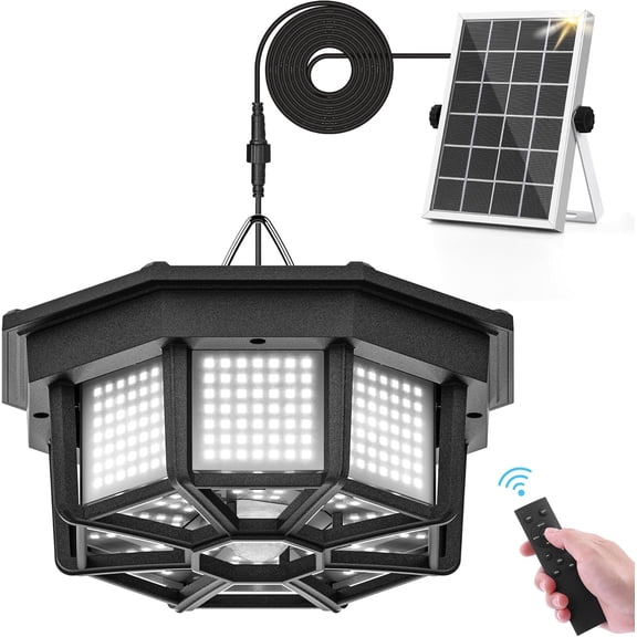 Solar Shed Light Indoor Outdoor 1200LM Solar Pendant Daywork Light 288LED 8-Faces Lighting Motion Sensor with 5 Lighting Modes & Remote Control for Gazebo Garage Patio Barn