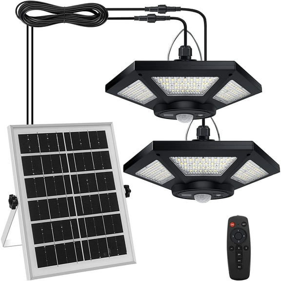Solar Shed Light Indoor Outdoor Auzev Solar Powered Pandent Daytime Work Lights with 5 Lighting Modes & 3 Timers, 180LED Solar Indoor Lights Motion Sensor with Remote Control 2 Pack