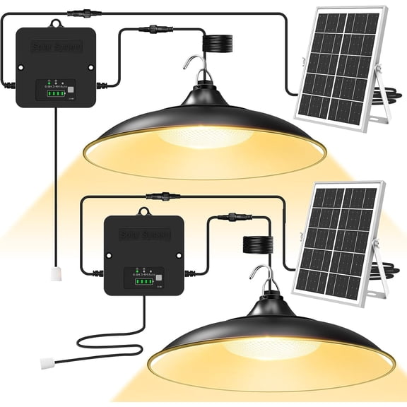 Solar Shed Light Indoor Outdoor, Warm White Daytime Available Pendant Light with Pull String, Dusk to Dawn, 3 Lighting Modes Solar Lights Indoor, IP65 Waterproof for Barn, Gazebo, Shop, Garage
