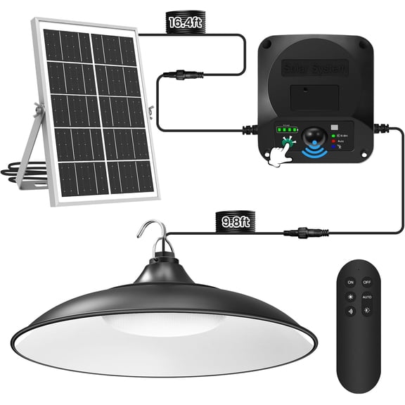 Solar Shed Lights Indoor Outdoor, 3200LM Motion Sensor Pendant Light Daytime with Remote & Button Control, IP65 4 Lighting Modes for Barn Garage Gazebo Chicken Coop Shop - 1