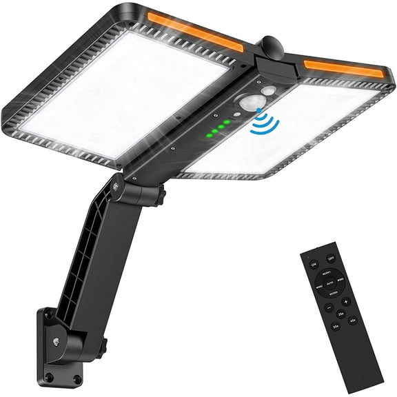 Solar Shed Lights Outdoor,218LEDs Solar Powered Street Light with Motion Sensor&5 Lighting Modes Two Solar Panels Waterproof High Brightness Security Lighting For Back Yard Shed Driveway (Black-1P)