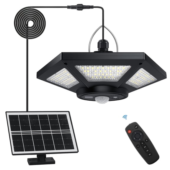Solar Shed Pendant Light Indoor Outdoor, 180 LED 1000LM 360° Lighting with Motion Sensor & Remote Control - Ideal for Shed, Barn, Gazebo, Garage, Home