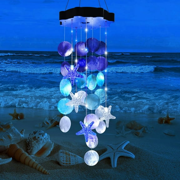Solar Shell Gift for Mom Grandma Girls, White & Blue Christmas Solar Wind Chimes for Outside, Outdoor Decorative Mobile Lights for Garden, Yard, Patio, Window, Party, Outdoor Decorations