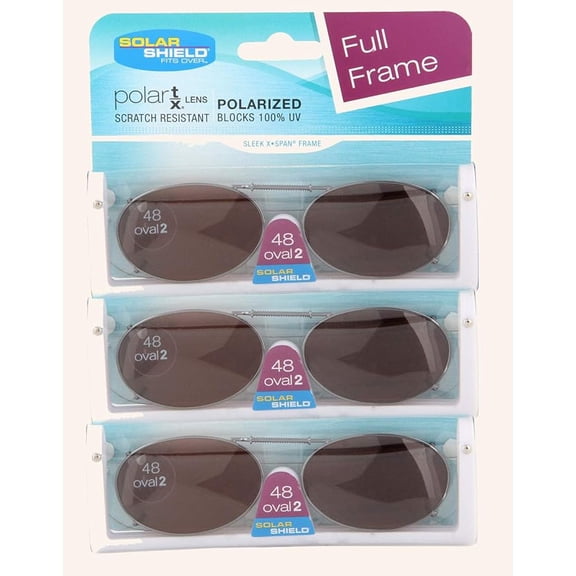 Solar Shield Clip-On Polarized Sunglasses, Size 48 Oval 2, Brown Lenses, Full Frame, Scratch Resistant, Blocks 100% UV