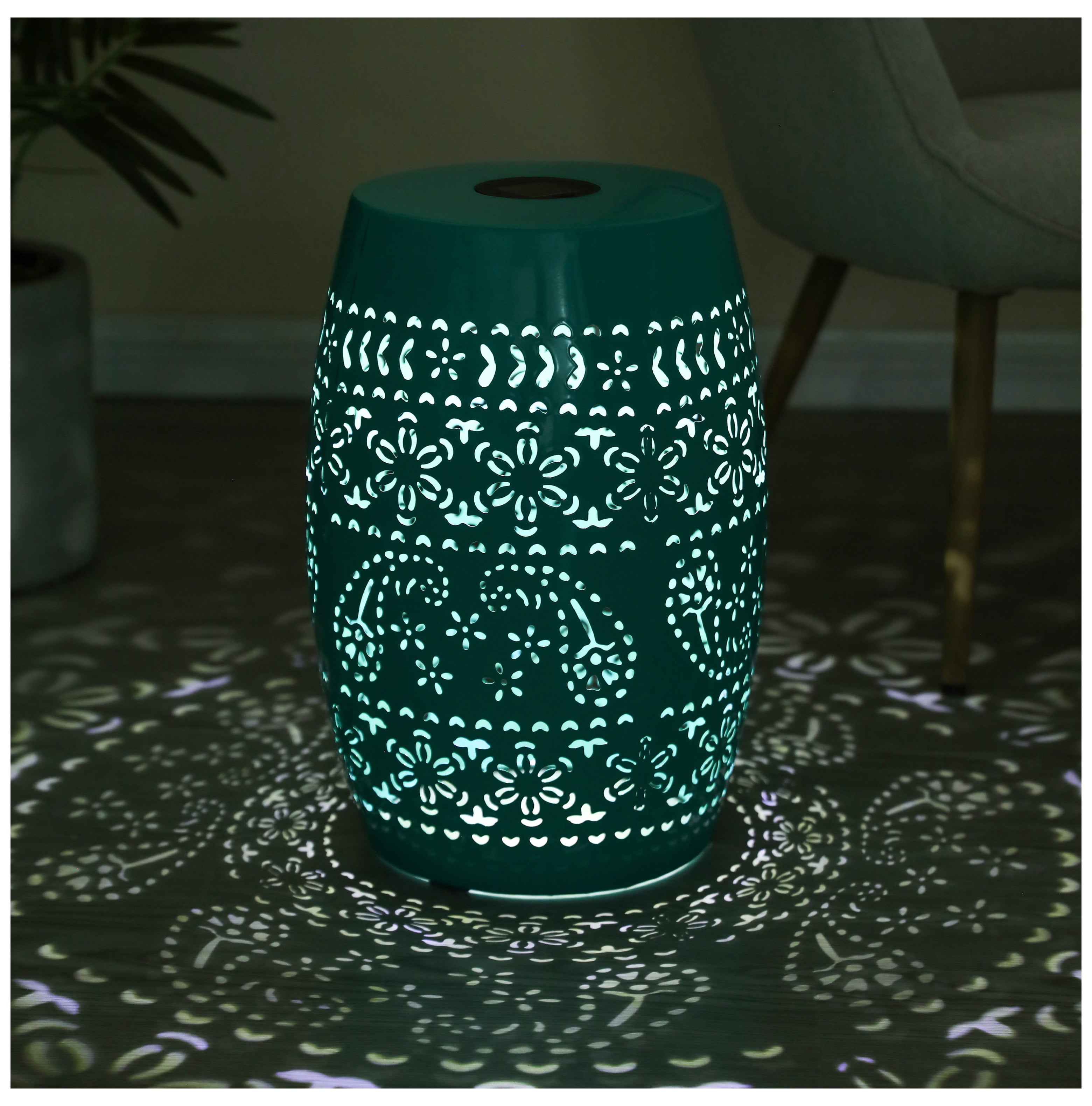Solar Side Table Teal - Outdoor Patio Lantern, Metal Round Accent Table ...