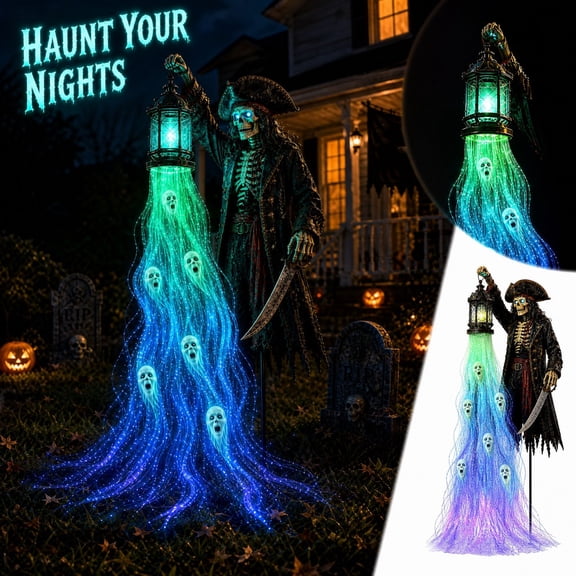 Solar Skeleton Pirate Halloween Garden Stake Light, Animated Soul Harvester with Floating Ghost Faces Lantern, Weather‑Proof Spooky Figurine Decor for Yard Holiday Gift