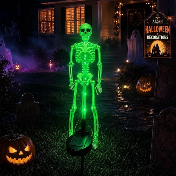 Solar Skeleton Yard Stake, Creepy Halloween Skeleton Stake Light, 3D LED Glowing Full Body Skeleton Pathway Light, Waterproof Solar Powered Halloween Decor for Yard Garden Lawn Graveyard(Green,1PC)