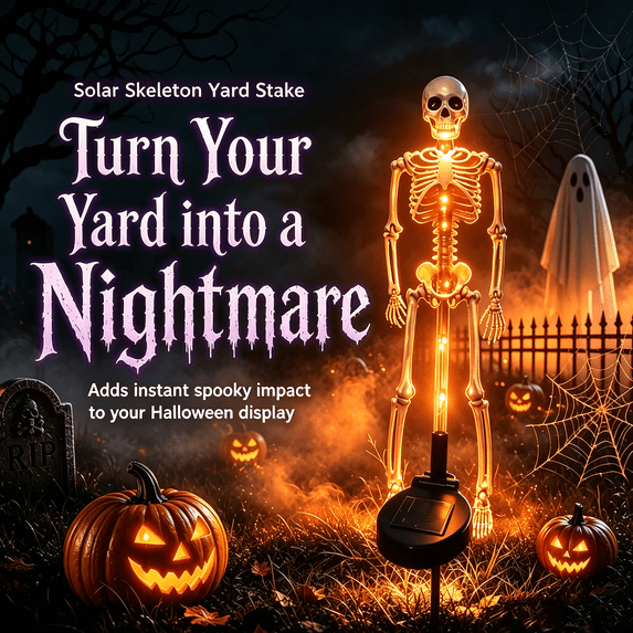 Solar Skeleton Yard Stake Lamp, Glow Bones Halloween Decoration with LED Light, Waterproof 3D Realistic Skull for Outdoor Grave Lawn Patio Fall Decor