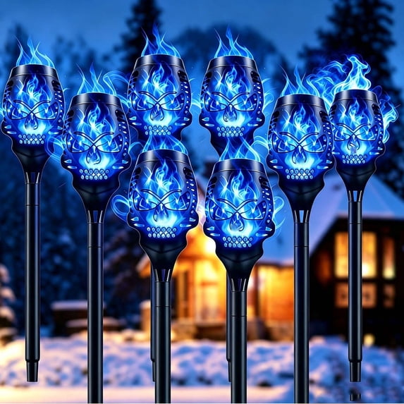 Solar Skull Torch Pathway Light, Blue Flickering Flame Effect Solar Powered Ground Stake Lamp, Waterproof Outdoor Skull Cutout Landscape Stake Light for Yard Lawn Garden Halloween Holiday Decor