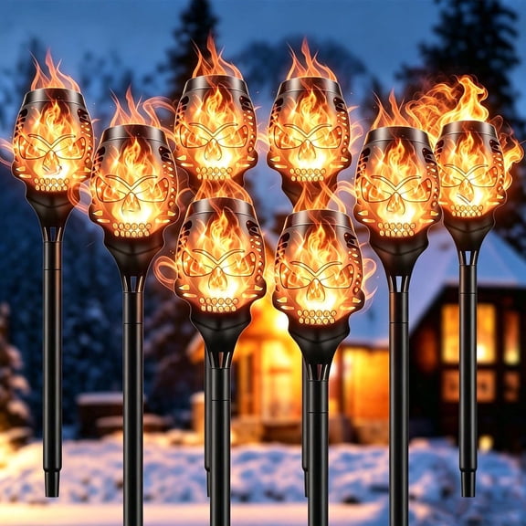 Solar Skull Torch Pathway Light, Yellow Flickering Flame Effect Solar Powered Ground Stake Lamp, Waterproof Outdoor Skull Cutout Landscape Stake Light for Yard Lawn Garden Halloween Holiday Decor