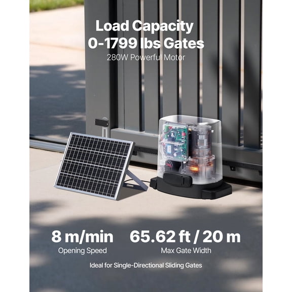 Solar Sliding Gate Opener,280W Electric Gate Opener for Doors up to 65.6ft 1799lbs,Gear Track Rolling Fence Door Motor with Infrared Sensor&2 Remote Controls,Driveway Gates Opening System