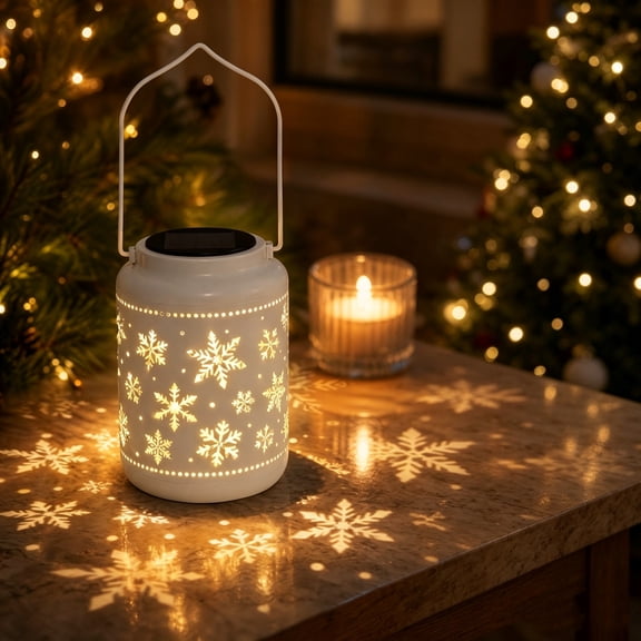 Solar Snowflake Projector Lantern, Hanging Christmas Projection Light, Automatic Dusk Lighting and Waterproof Design for Patios Yards and Gardens