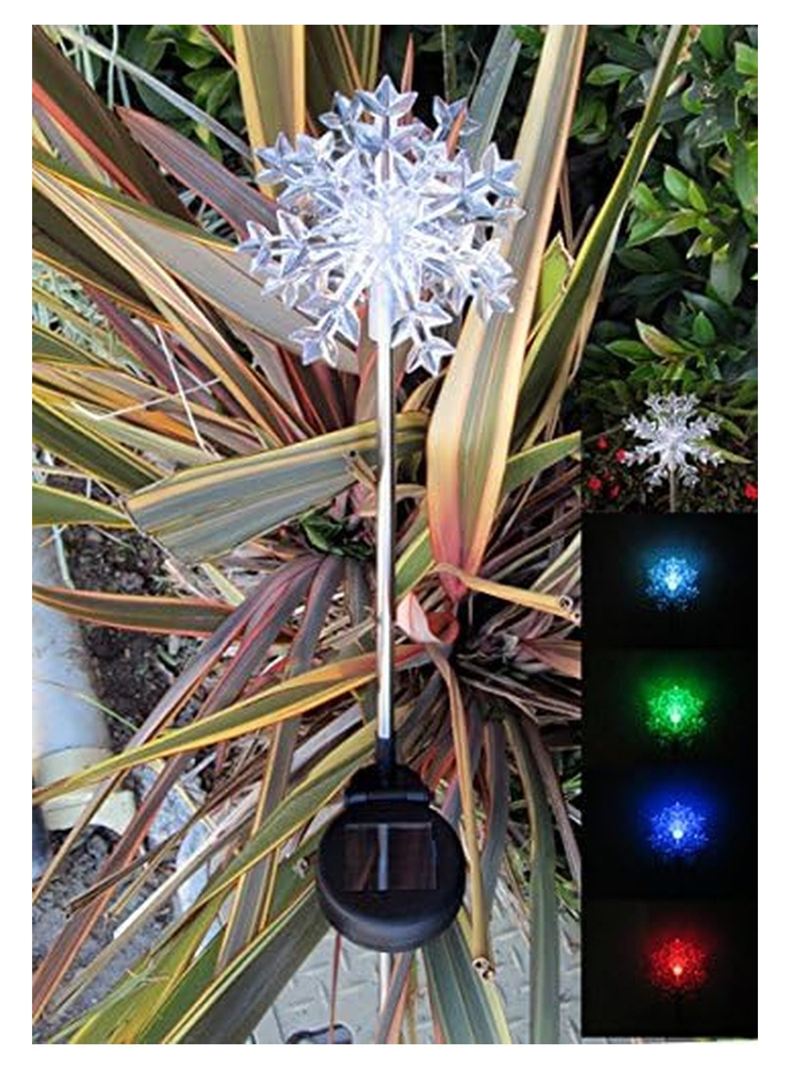 Solar Snowflakes Garden Lights, 2 Pack 32.5" Color Changing Stake Lights - Red, Blue, Green Decorative Yard Lights - Outdoor Solar Powered Pathway Lighting