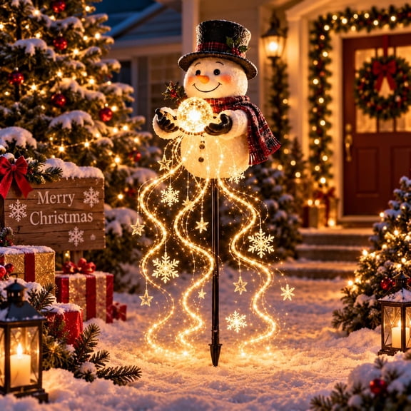 Solar Snowman Christmas Garden Stake Light, Cascading Warm LED String Lights with Snowflake & Star Ornaments, Waterproof Outdoor Holiday Yard Decor