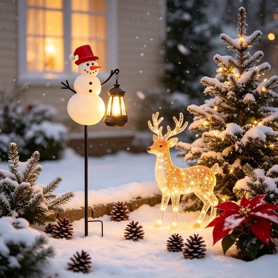 Solar Snowman Christmas Garden Stake Metal Outdoor Holiday Yard Decor with Warm LED Lantern for Lawn Pathway Winter Xmas Gift 32.08In